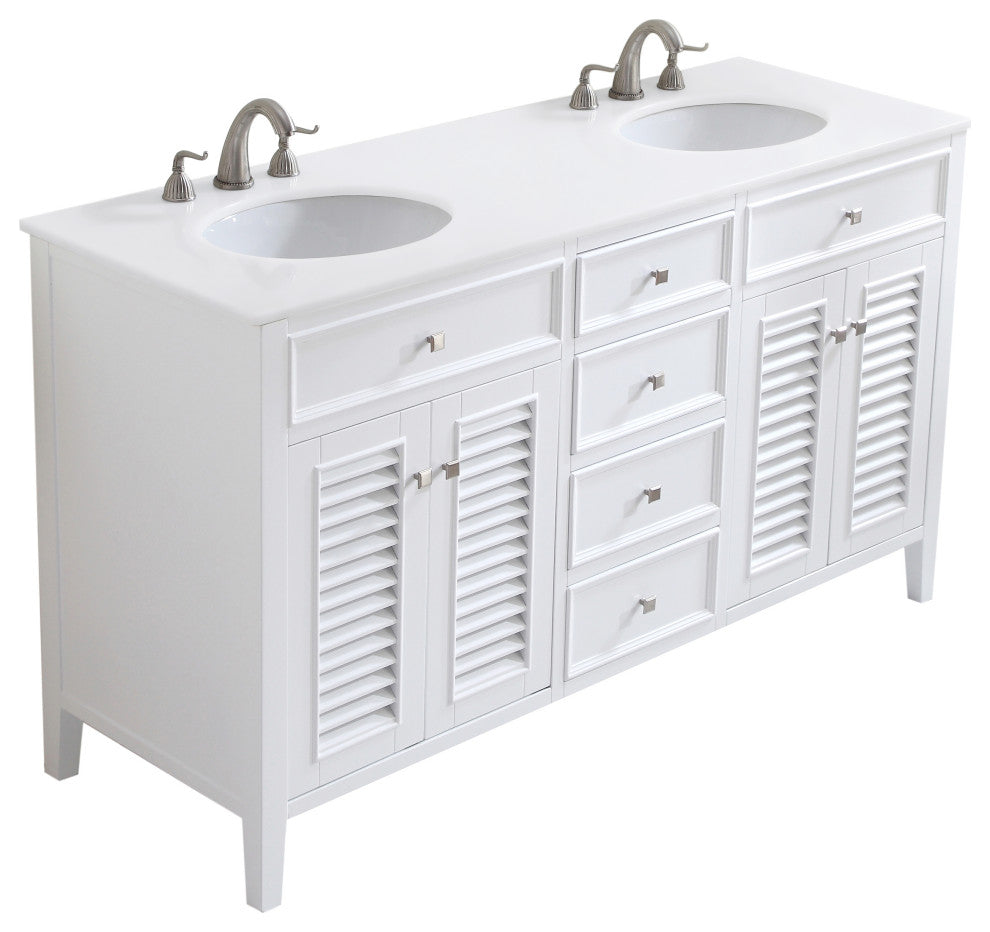 60" Double Bathroom Vanity, White With Ivory White Engineered Marble
