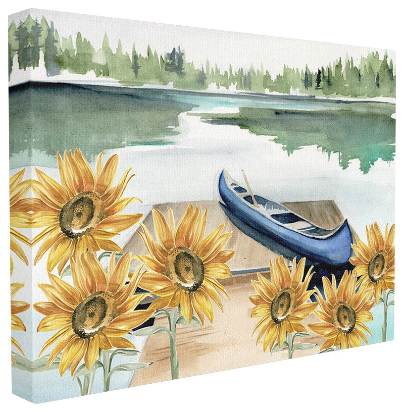 Rowboat on a Calm Lake with Sunflowers Watercolor Painting Canvas, 30"x40"