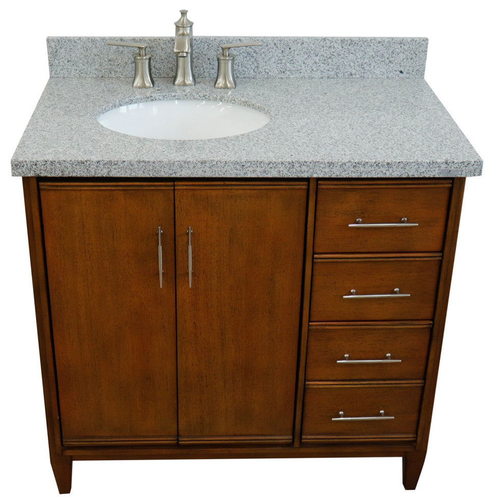 37" Single Vanity, Walnut Finish With Gray Granite