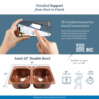 Santi 33" Drop-in Copper Double Bowl Kitchen Sink, 3-Hole