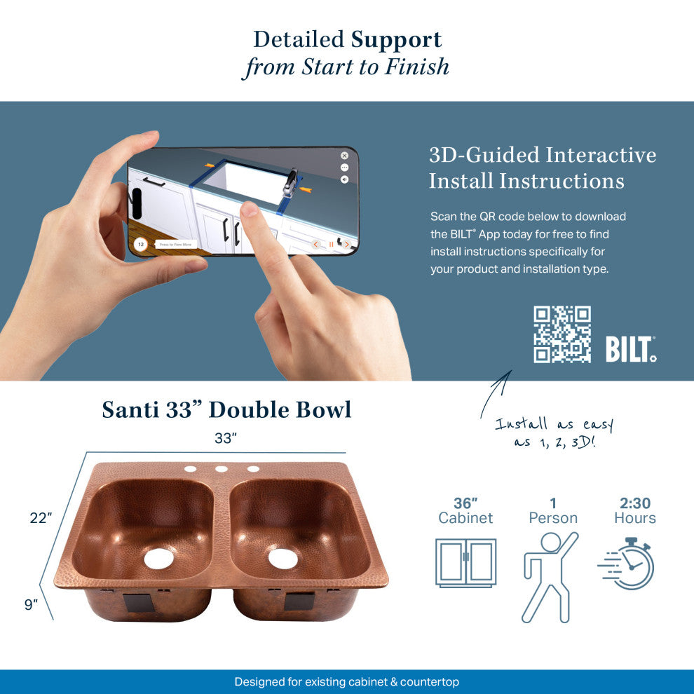 Santi 33" Drop-in Copper Double Bowl Kitchen Sink, 3-Hole