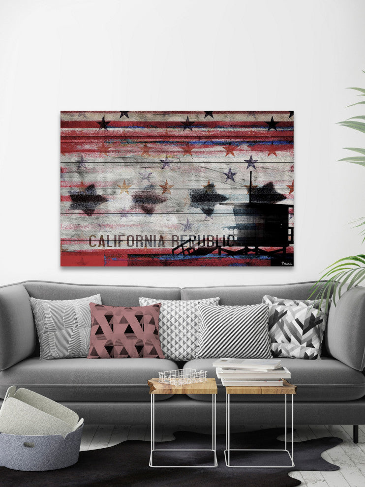"Cal Repub Stars" Print on White Wood, 45"x30"