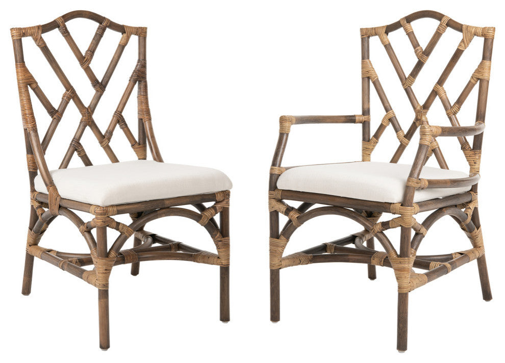 Rattan Chippendale Upholstered Dining Armchairs, Antique Brown, Set of 2
