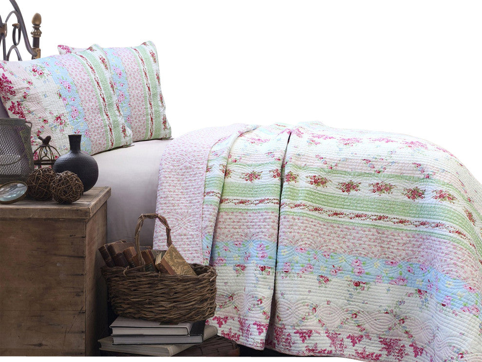 Blooming Spring Floral Reversible 100%Cotton Quilt Set, Full/Queen Set