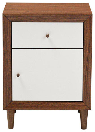 Harlow Mid-Century White and Walnut Wood 1-Drawer/1-Door Nightstand