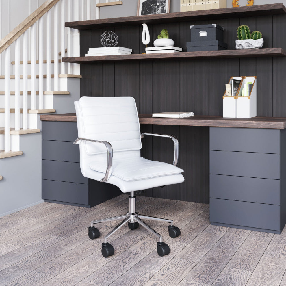 Computer Chair, Faux Vinyl Leather, Steel, White, Chrome, Home Business Office