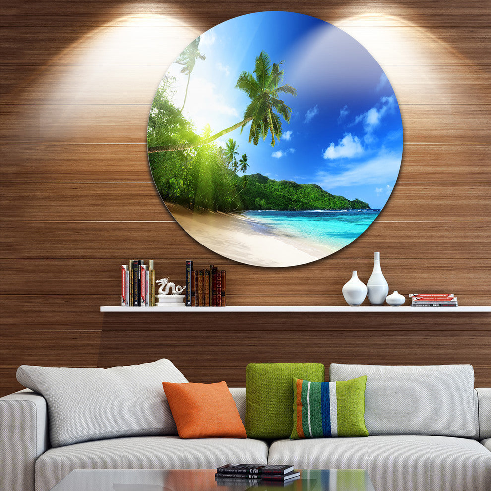 Sunset Beach With Palm, Landscape Photography Round Wall Art, 23"