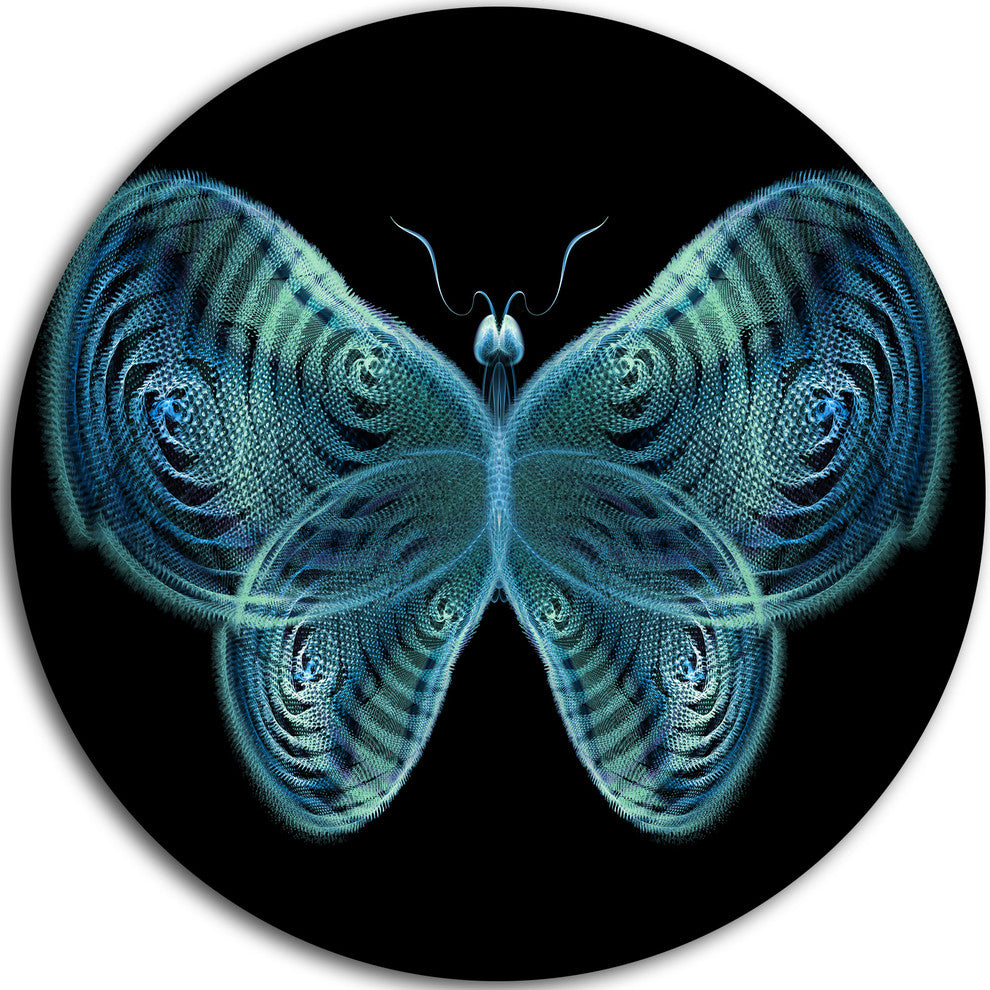 Light Blue Fractal Butterfly In Dark, Abstract Disc Metal Wall Art, 11"