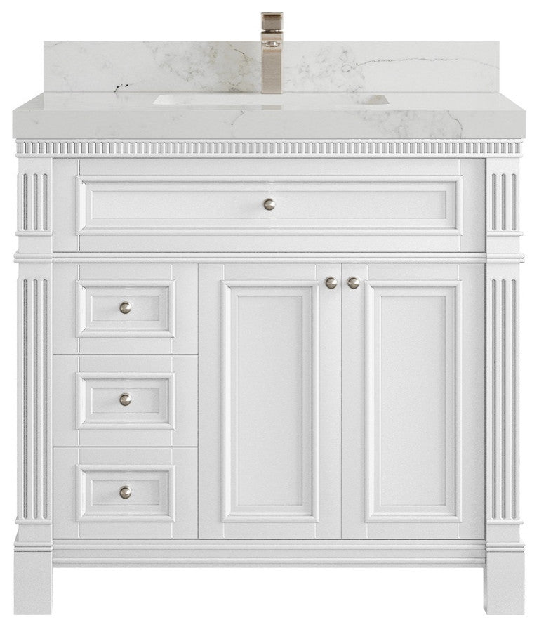 Paris 36" Center Sink Bathroom Vanity, White 2" Calacatta Nuvo
