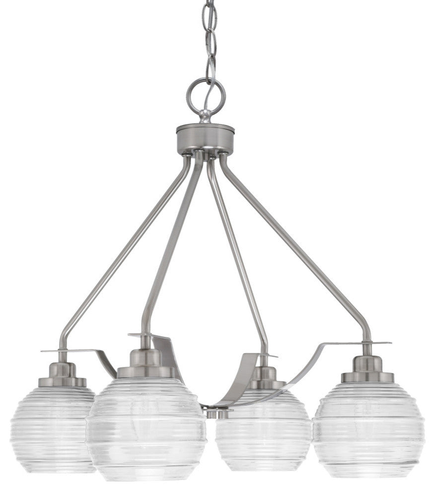 Odyssey 4 Light, Chandelier In Brushed Nickel Finish With 6" Clear Ribbed Glass