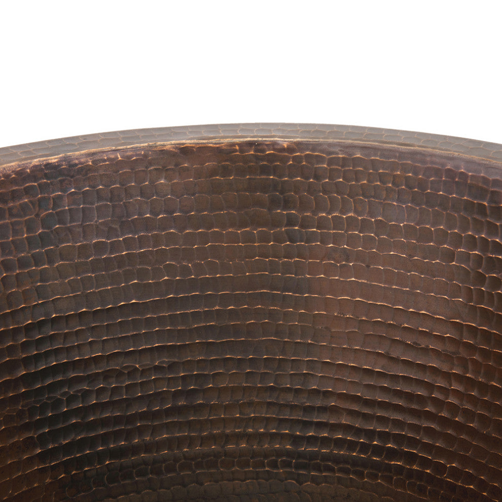 14" Round Hammered Copper Prep Sink, 3.5" Drain Opening, Drain & Accessories