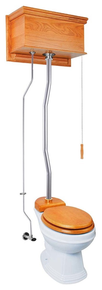 Light Oak Flat High Tank Pull Chain Toilet with White Round Bowl & Satin Z-Pipe