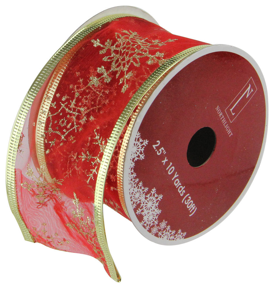 Red and Gold Snowflakes Wired Christmas Craft Ribbon