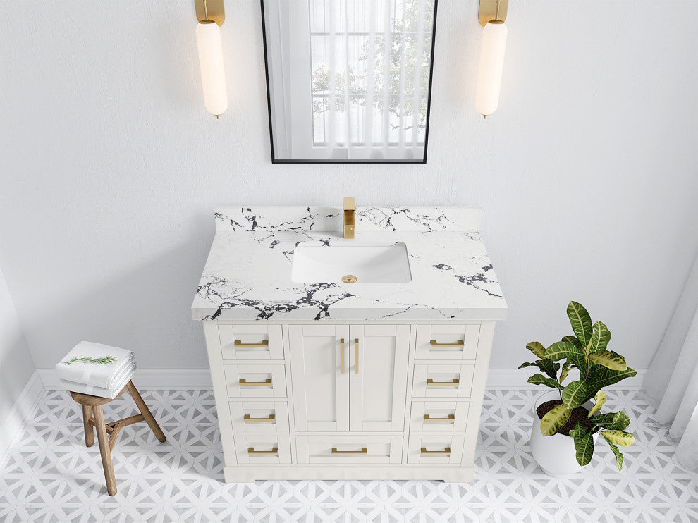Boston 42" Single Sink Bath Vanity in Alabaster 2" Viola Night