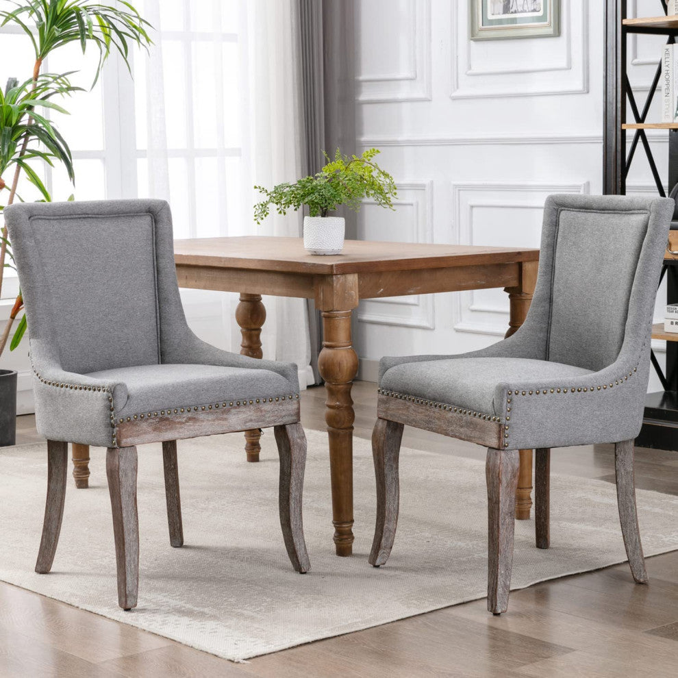 Upholstered Dining Chairs with Solid Wood Legs, Nailhead Trim, Set of 2, Grey