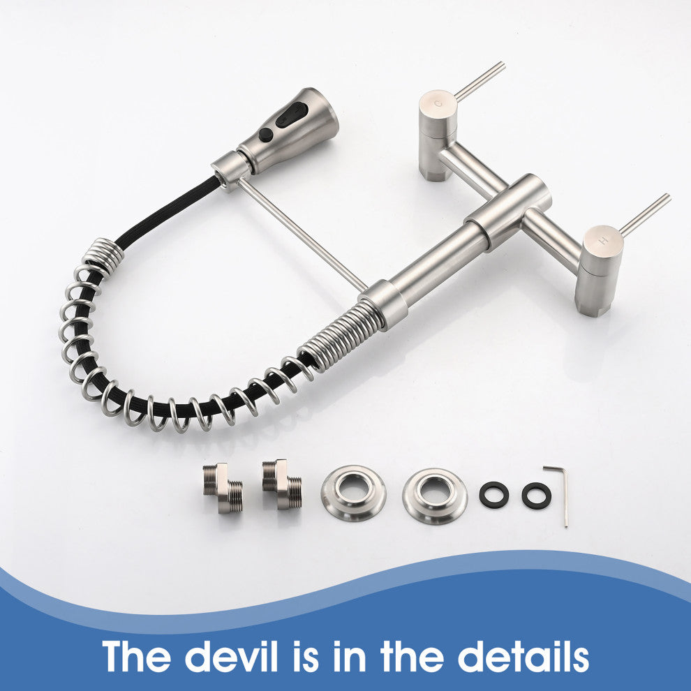 Double Handle Wall Mounted Spring Neck Bridge Kitchen Faucet, Brushed Nickel