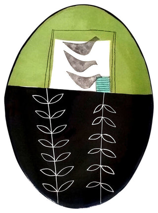 Hand Built Hand Painted Oval Ceramic Platter, Spring Green and Black