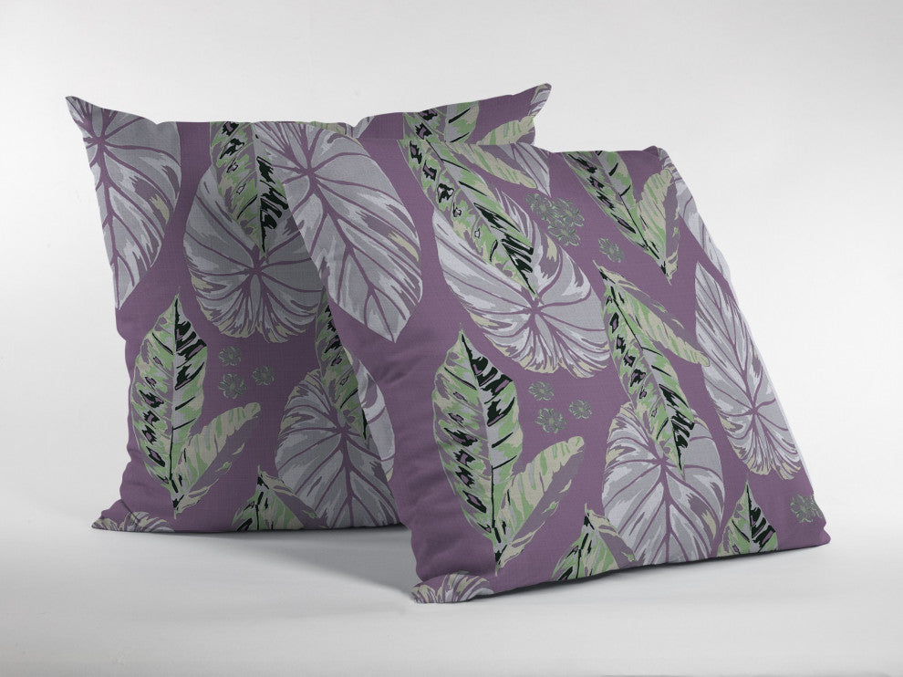 16" White Purple Tropical Leaf Suede Throw Pillow