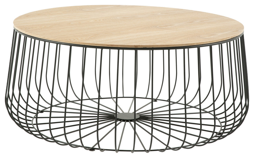 LeisureMod Runswick Round Coffee Table With Black Wire Steel Frame, Natural Wood