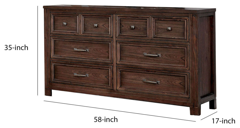 Benzara BM203216 6 Drawer Transitional Wooden Dresser With Molded Trim, Brown