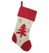 18" White and Red Tree With Snowflakes Rustic Christmas Stocking With Red Cuff