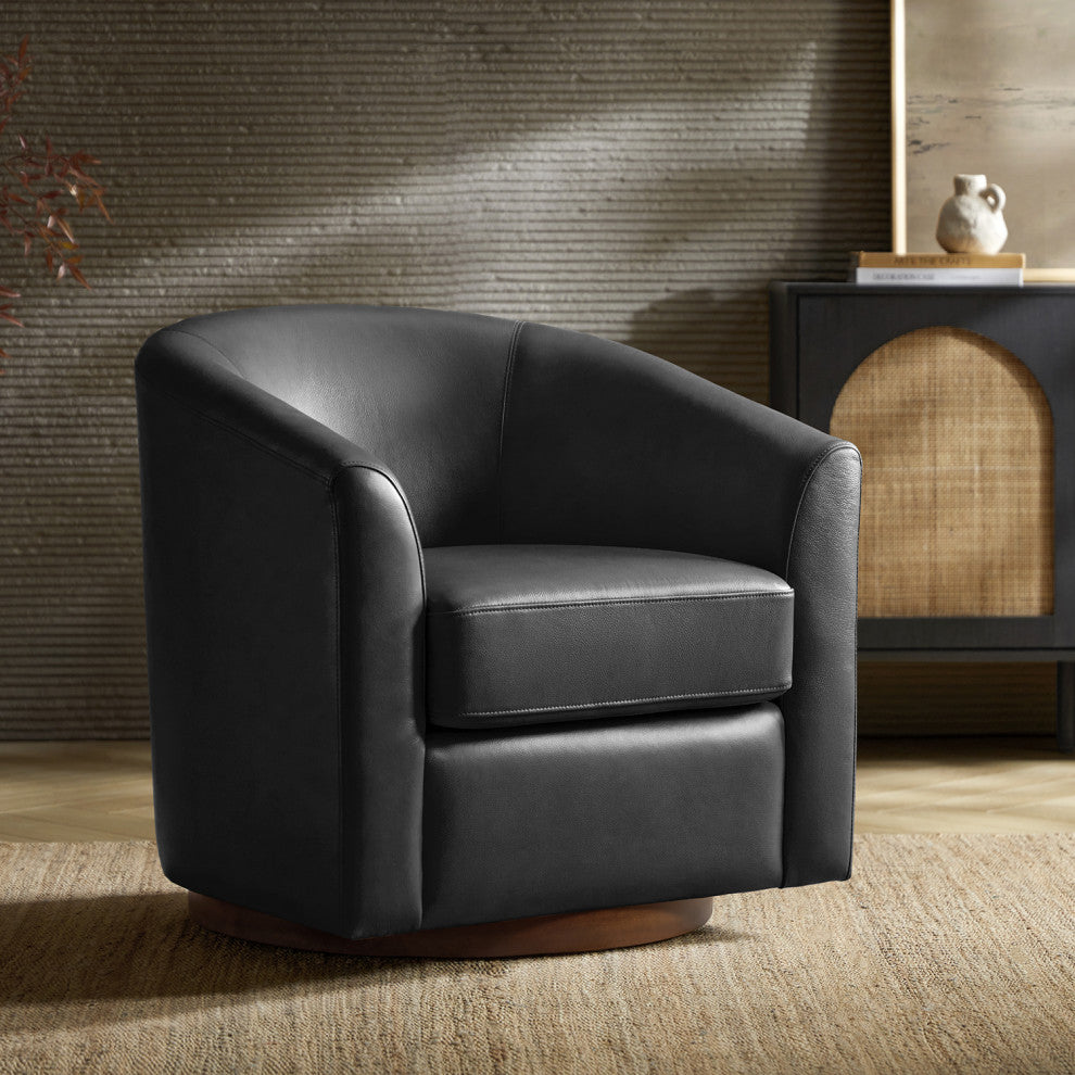 Swivel Barrel Geniune Leather Chair With Solid Wood Base, Black