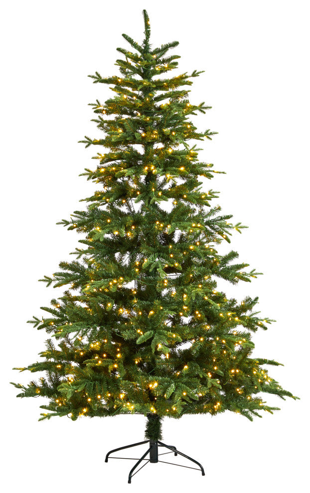 7' Montreal Spruce Faux Xmas Tree W/ 650 White Lights & 1575 Bendable Branches
