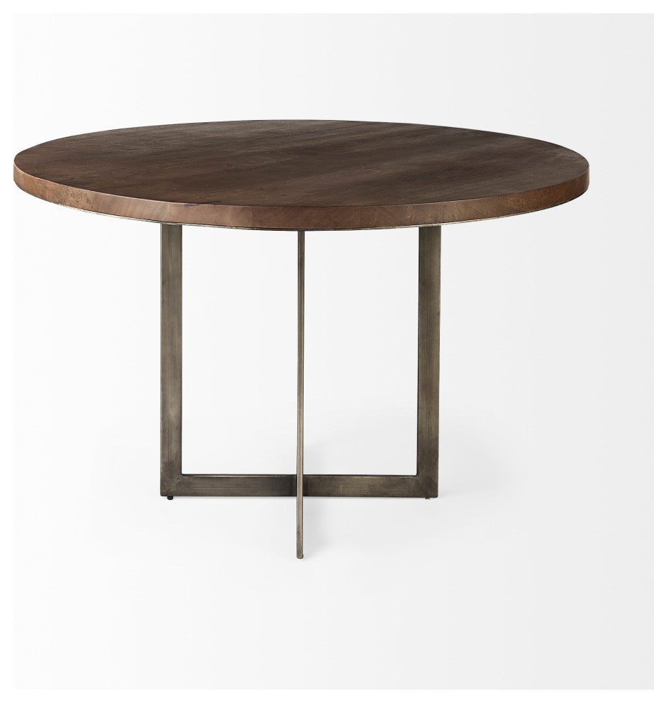 Faye I Medium Brown Wood With Metal Base Round Dining Table