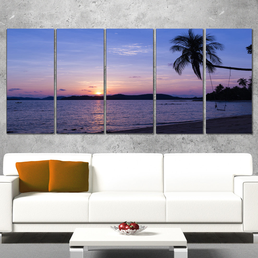 "Hanging Seat in Blue Sunset Beach" Modern Seashore Wall Art, 5 Panels, 60"x28"