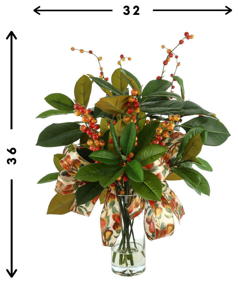 Magnolia Leaf and Berry Holiday Arrangement with Fruit Bows