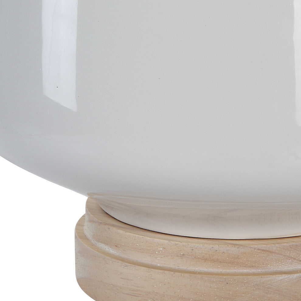 High Gloss White Ceramic Table Lamp 25 in Coastal Farmhouse Casual Wood Organic