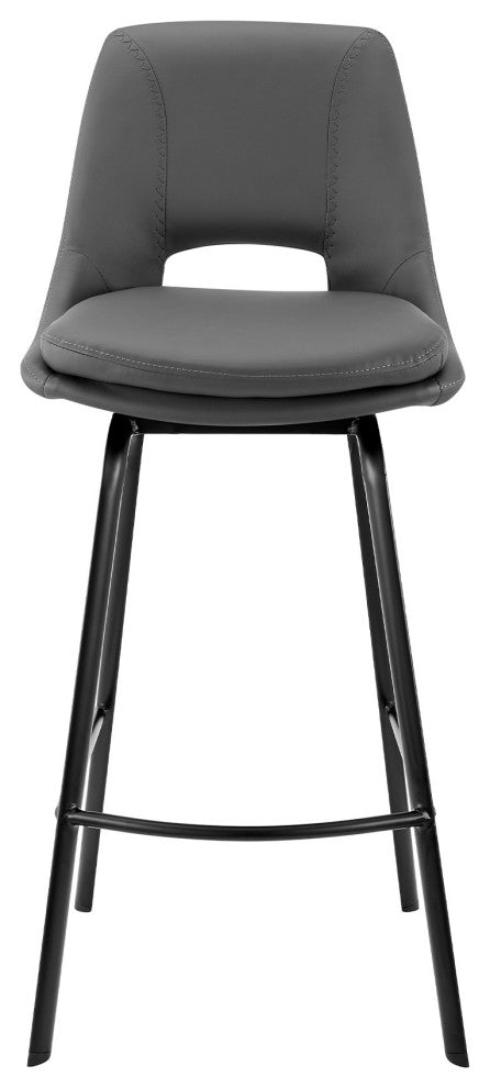 26" Elegant Gray Faux Leather and Black Metal Armless Swivel Counter Stool