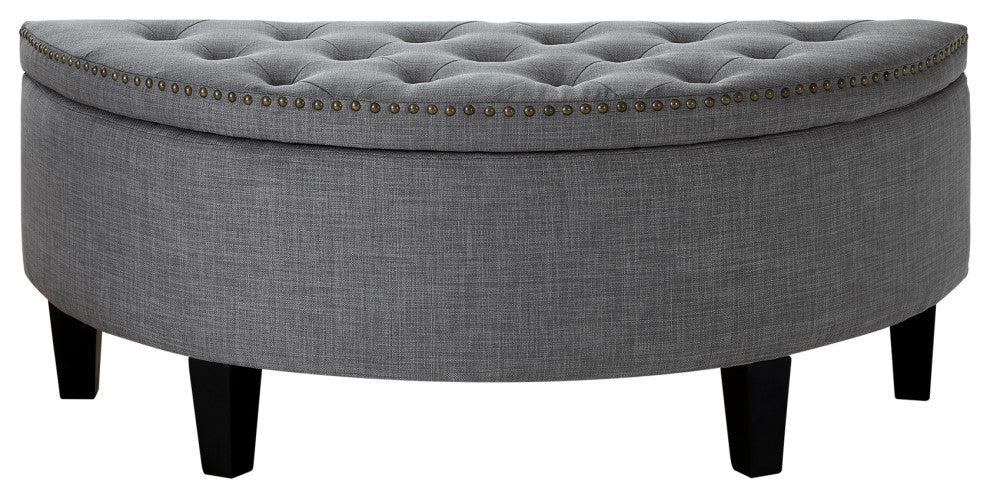 Laura Linen Button Tufted Nailhead Trim Half Moon Storage Ottoman, Light Grey