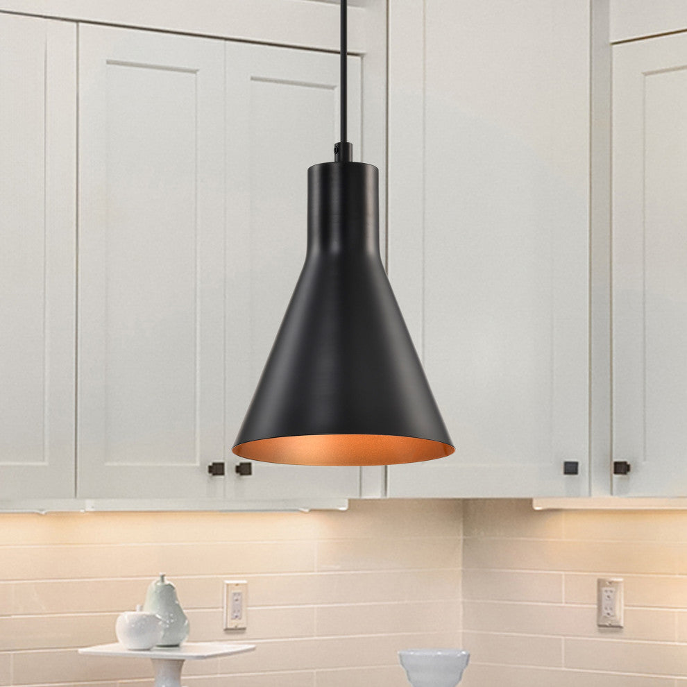 1-Light Matte Black Metal Cone Hanging Kitchen Pendant Light