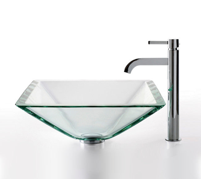 Glass Vessel Sink, Bathroom Ramus Faucet, PU Drain, Mounting Ring, Chrome