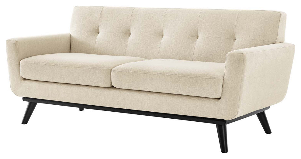 Loveseat Sofa, Beige, Fabric, Modern, Mid Century Hotel Lounge Cafe Lobby