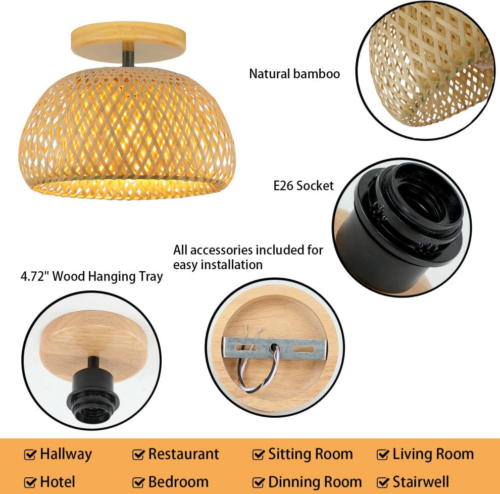 Bamboo Semi Flush Mount Ceiling Lamp, Boho Ceiling Light Fixture