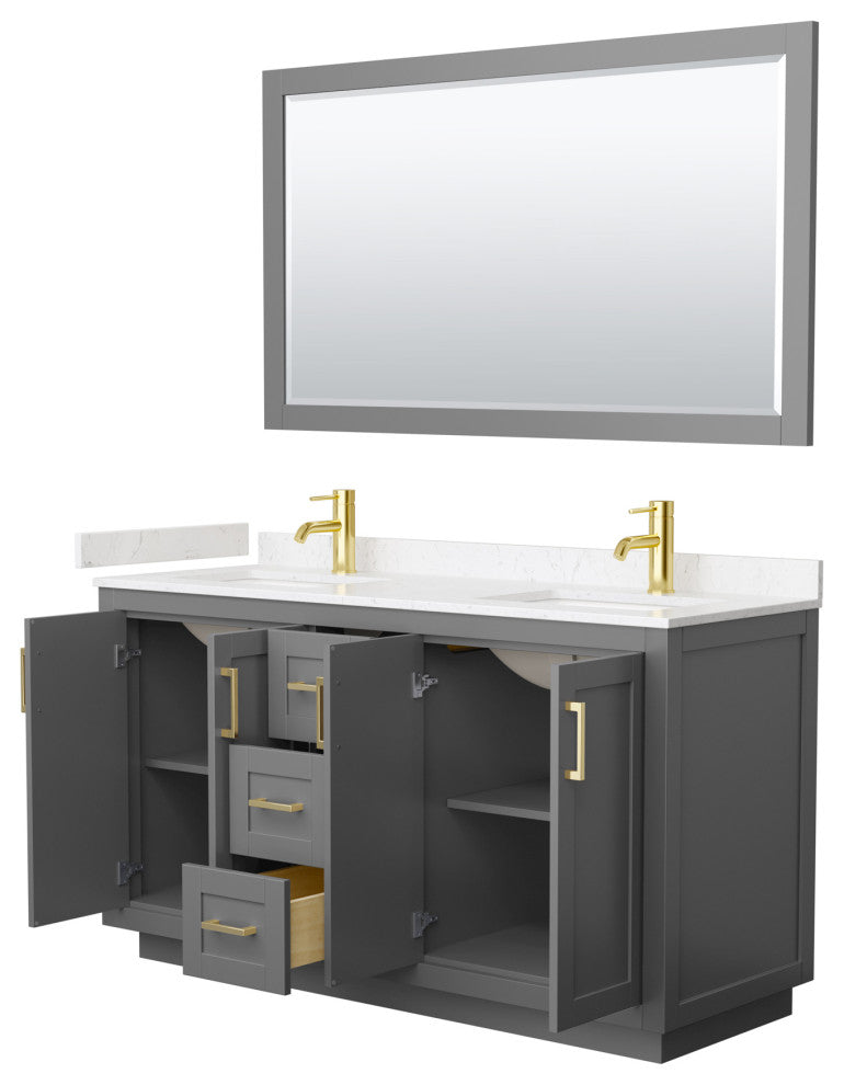 60"DBL Vanity Dark Gray, LV Carrara Cult. Top, Sinks, Gold Trim, 58"Mirror