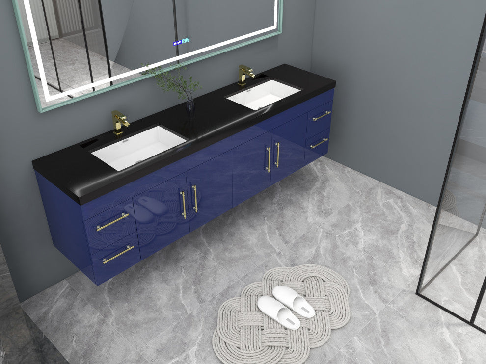 Rosa 84" Wall Mounted Modern Vanity, High Gloss Night Blue, Matt Black Top