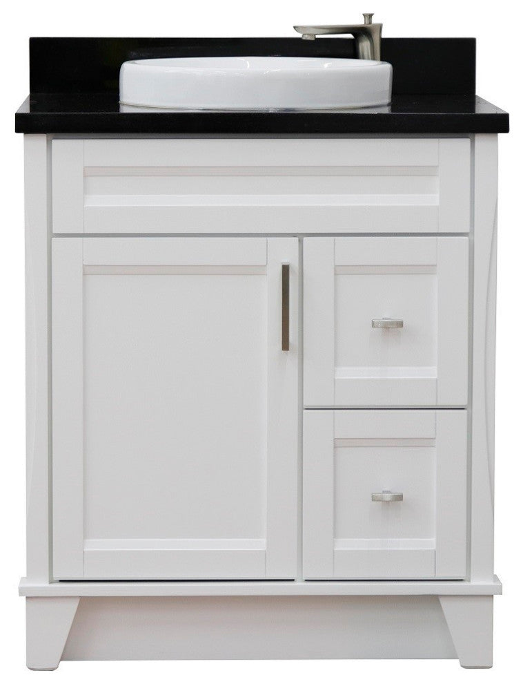 31" Single Sink Vanity, White Finish With Black Galaxy Granite With Round Sink