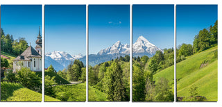 Green Mountain View of Bavarian Alps, Landscape Canvas Print, 60"x28", 5 Panels