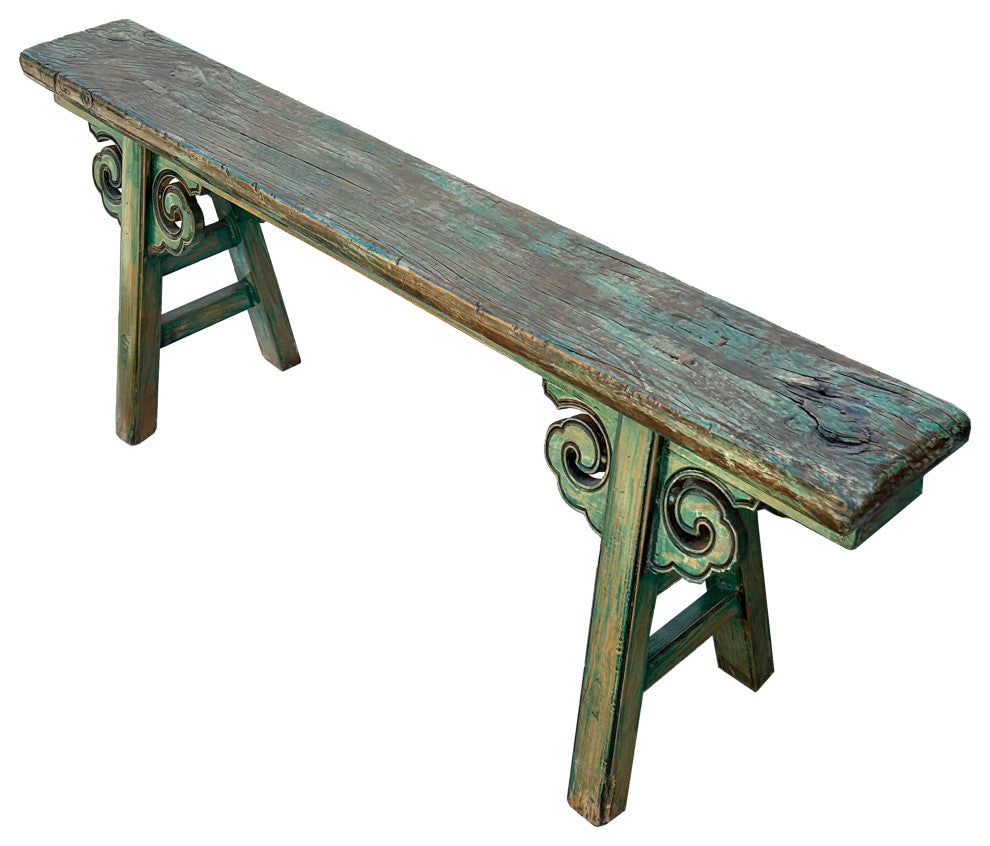 Distressed Brown Green Blue Village Slim Narrow Scroll Apron Wood Bench