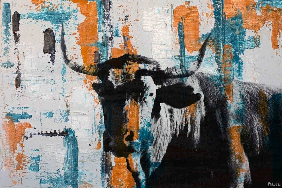 "Orange Teal Steer" Painting Print on Wrapped Canvas, 24"x16"