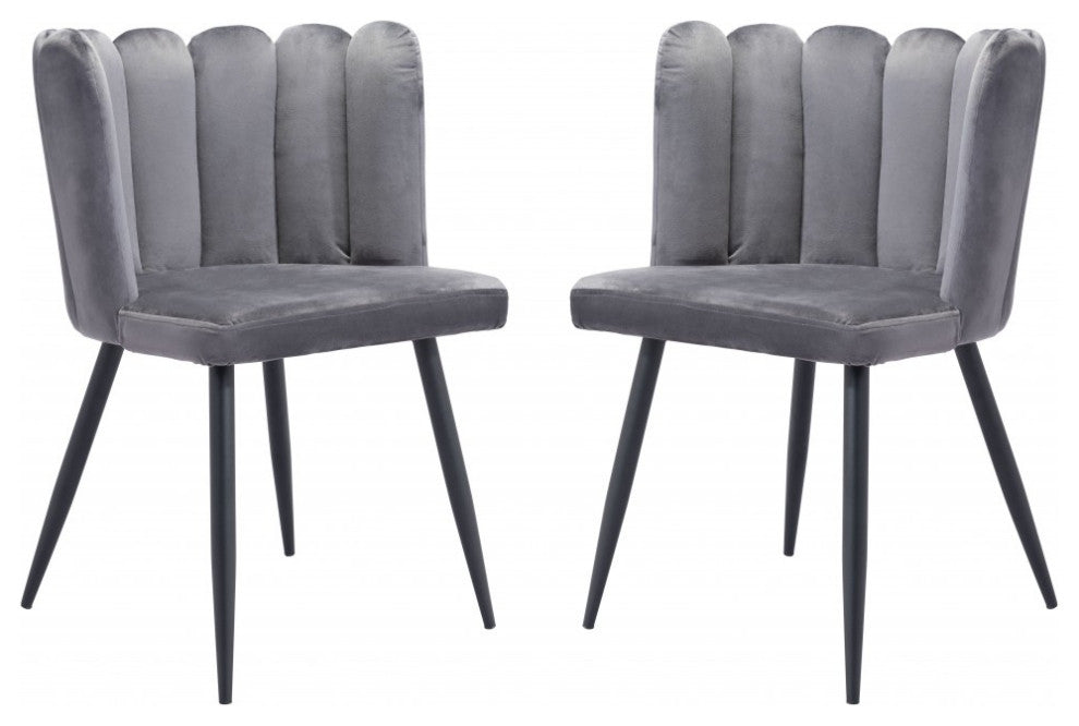 Set of Two Gray Velvet Glam Clam Dining Chairs