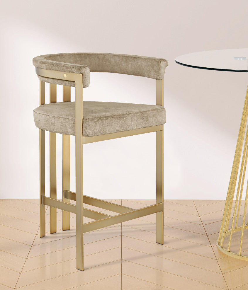 Marcello Upholstered Counter Stool, Beige, Velvet, Brushed Brass