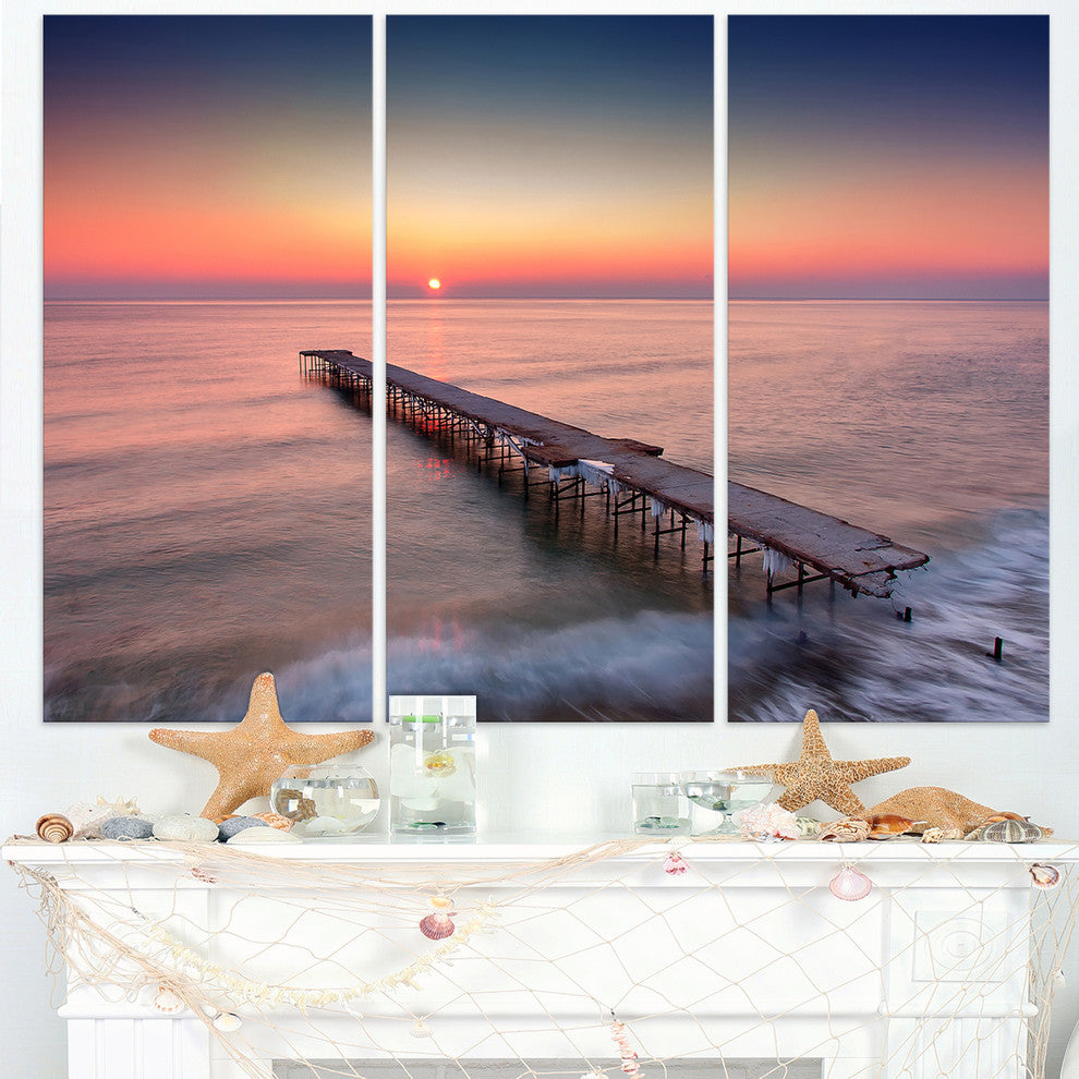 "Long Exposure Sea and Shore" Sea Bridge Metal Wall Art, 3 Panels, 36"x28"