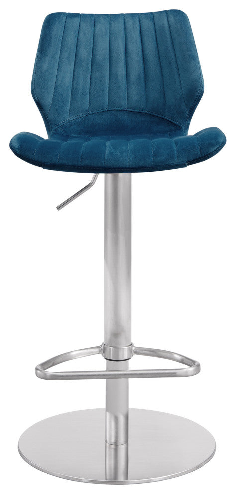 Teal Blue Velvet and Chrome Channel Adjustable Swivel Bar Stool