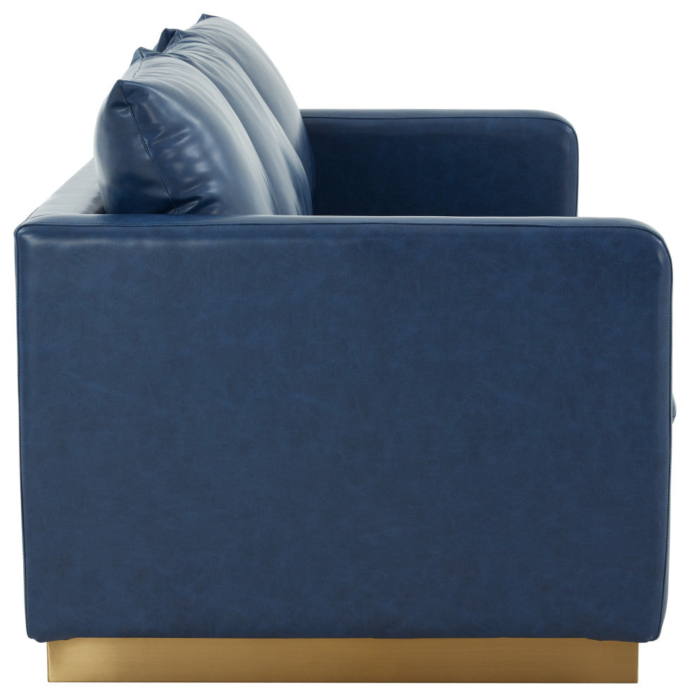 Leisuremod Nervo Modern Mid-Century Upholstered Leather Sofa With Gold Frame
