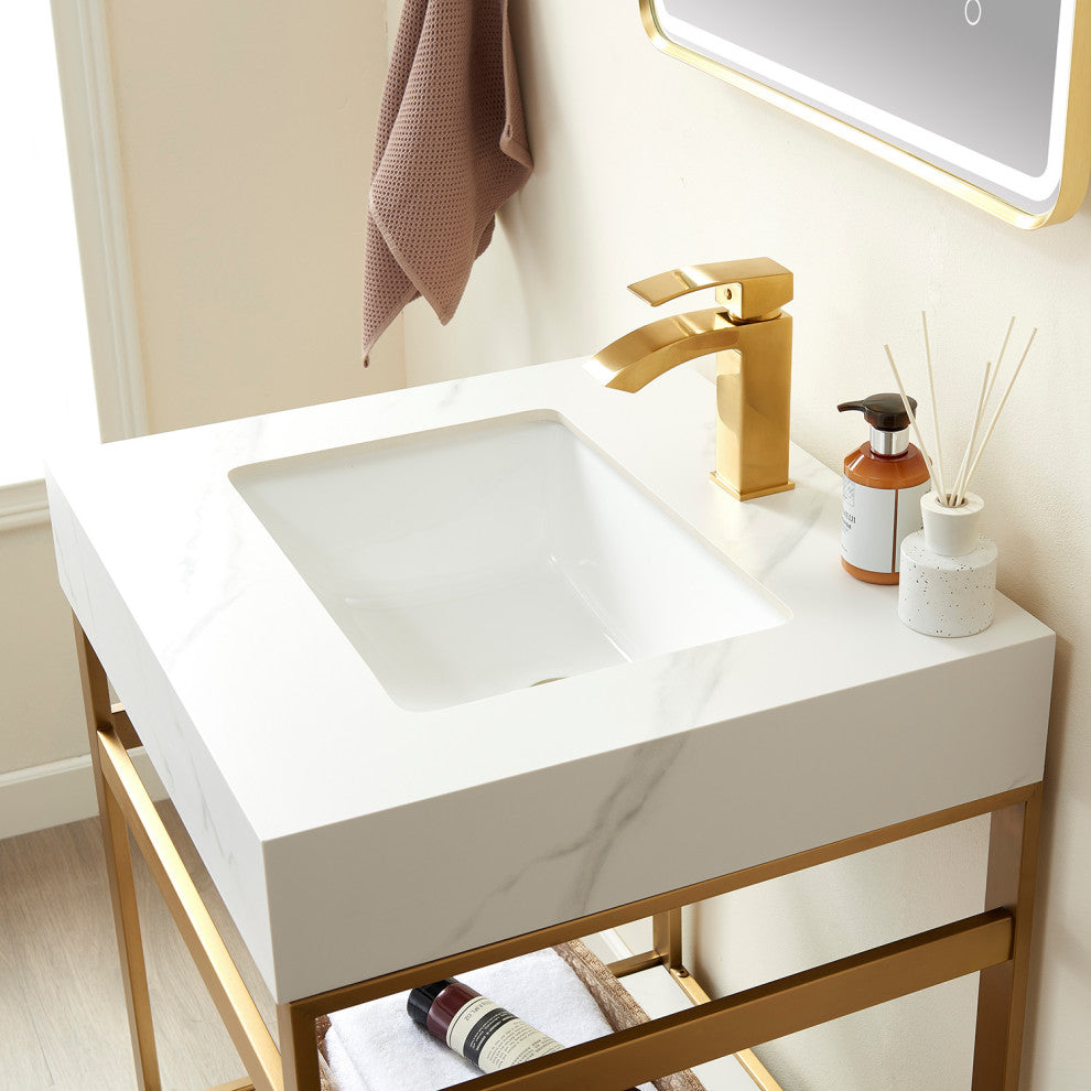 Funes Bath Vanity with Mirror, Brushed Gold Support, 24'', White Stone Top