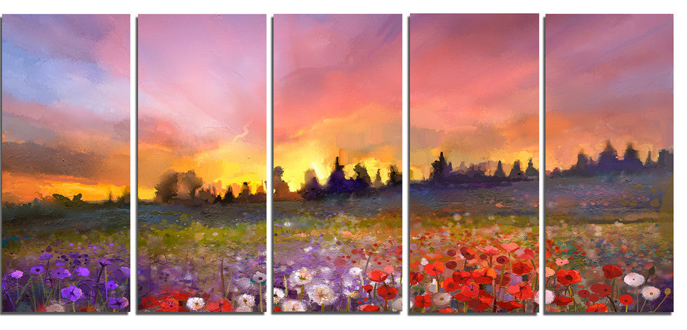 Field of Poppy Dandelion and Daisy, Floral Canvas Artwork, 60"x28", 5 Panels